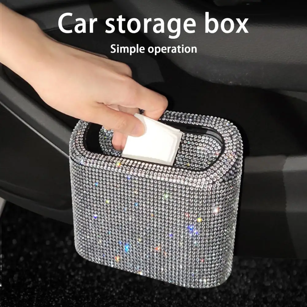 Car Trash Can Glitter Rhinestone Bling Pressing Square Can Storage Box Garbage Grabber for Vehicle Trash Bin Interior Accessory