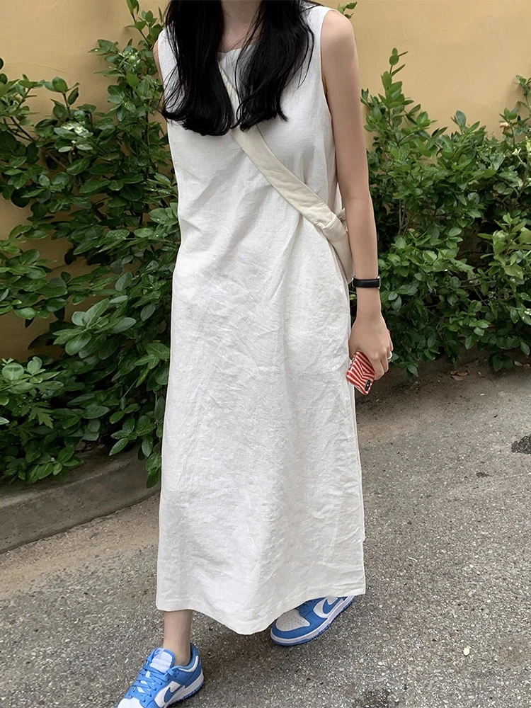Liangliang mat Pure Color Lin Vest Dr Women Summer New Loose Svel Gonna lunga Coreana Sle Vita ampia