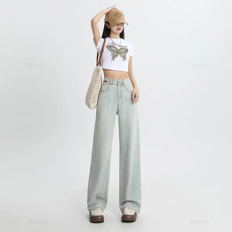 Summer Soft Lyocell Fabric Woman Jeans Thin Loose Wide Leg Straight High Waisted Pant Fashion Embroidery Comfort Casual Trousers