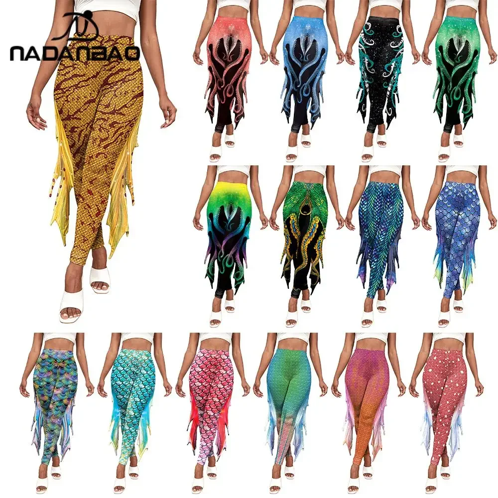 

NADANBAO Women's Sea Creature Fringe Leggings Mermaid Scale Print Cosplay Pants Beach Elastic Sexy Tights Sports Yoga Trousers