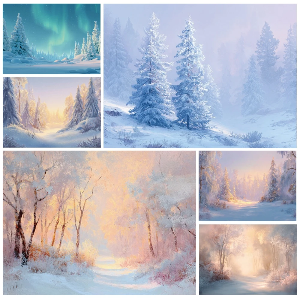 MOON.QG عيد الميلاد السحرية الشتاء الغابات الخلفيات للصور أورورا ضبابي الثلوج الذهبي خلفية استوديو الدعائم فوتوزون #1