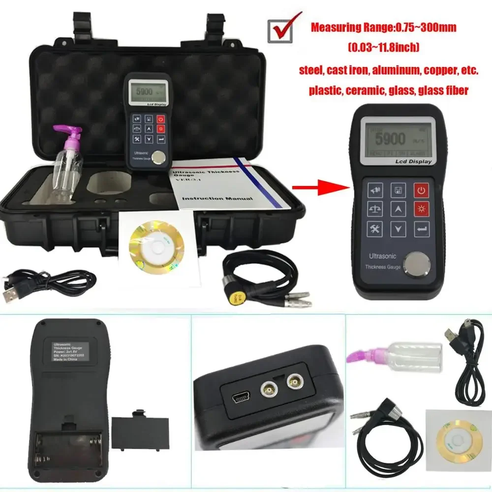 Ultrasonic Thickness Gauge Tester Meter with Measuring Range 0.75mm to 300.0mm/0.03inch 11.8inch