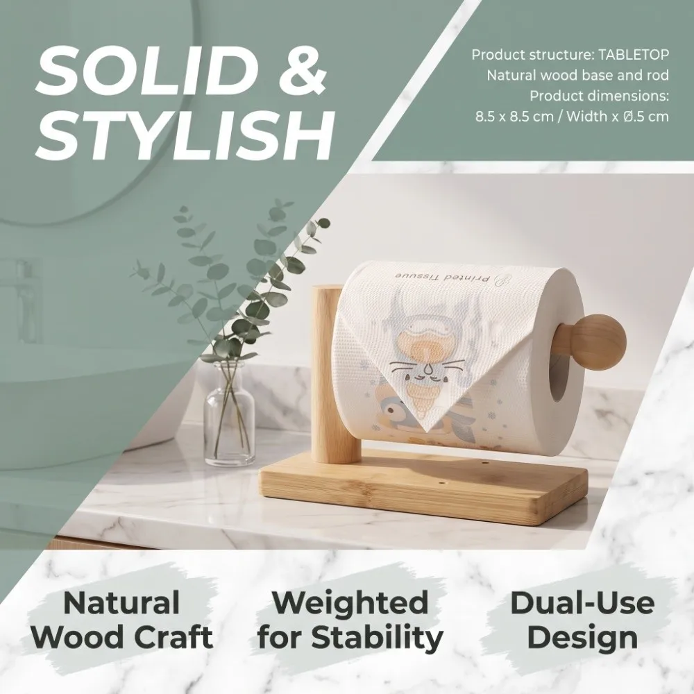 Wood Grain Bamboo Toilet Paper Holder Wood Grain Drill-Free Paper Towel Rack Retro Sturdy Desktop Tissue Stand Bathroom