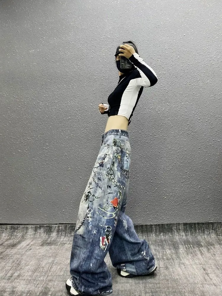 Streetwear Printed Washed Distressed Jeans For Women 2025 New High Waisted Loose Denim Trousers Straight Wide Leg Pants