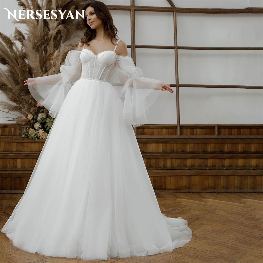 

Nersesyan Vintage Lace Wedding Dresses Puff Sleeves A-Line Off Shoulder Spaghetti Straps Bridal Gowns Backless 2024 Bride Dress