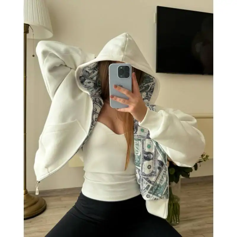 Dollar Print Lined Hoodie Women's 2025 Trendy White Oversized Zip-Up Sweatshirt Street Fashion Casual Top