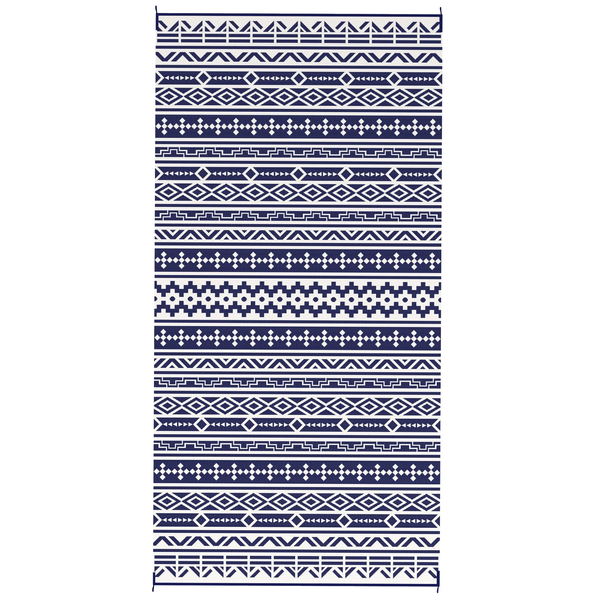 Reversible Outdoor Rug, Waterproof Plastic Straw with Carry Bag, 9' x 18', Blue & White Geometric Wall