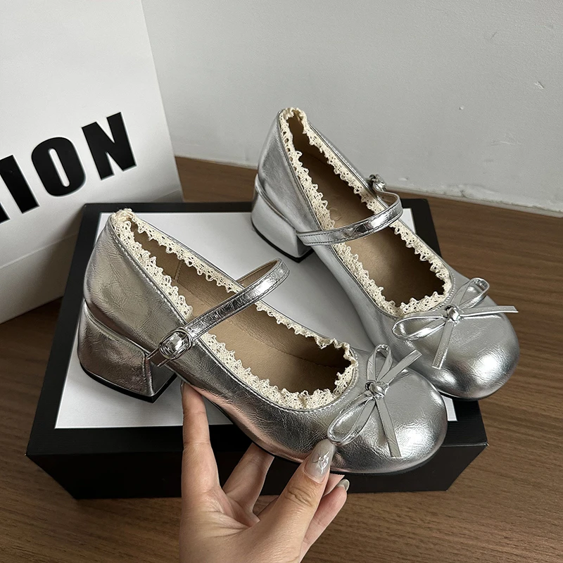 

New Women's Designer Luxury Butterfly-knot Women Mary Jane Shoes Elegant Patent Leather Wedding Party Thick Heel Ladies Footwear