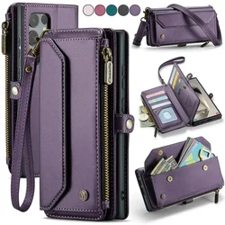Lanyard Leather Flip Wallet Card Case for Samsung Galaxy S25 S24/23/22 Ultra Plus FE For Magsafe Wireless Charge Crossbody Cover