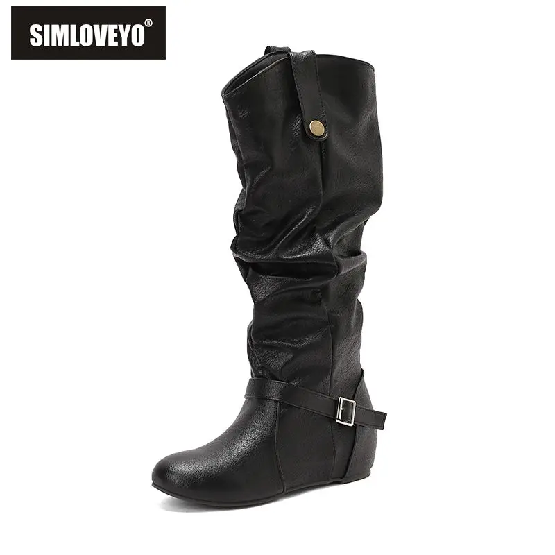 SIMLOVEYO 2025 Retro Leisure Ladies Knee High Boots Round Toe Raised Heel 4cm Zipper Clasp Plus Size 49 50 Daily Boot