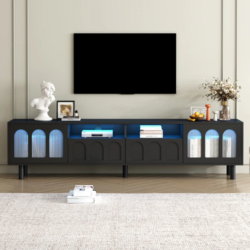 ON-TREND Cream Style TV Stand with LED Light Strip for TVs Up to 80'', Graceful Entertainment Center with 5 Solid Wood Legs