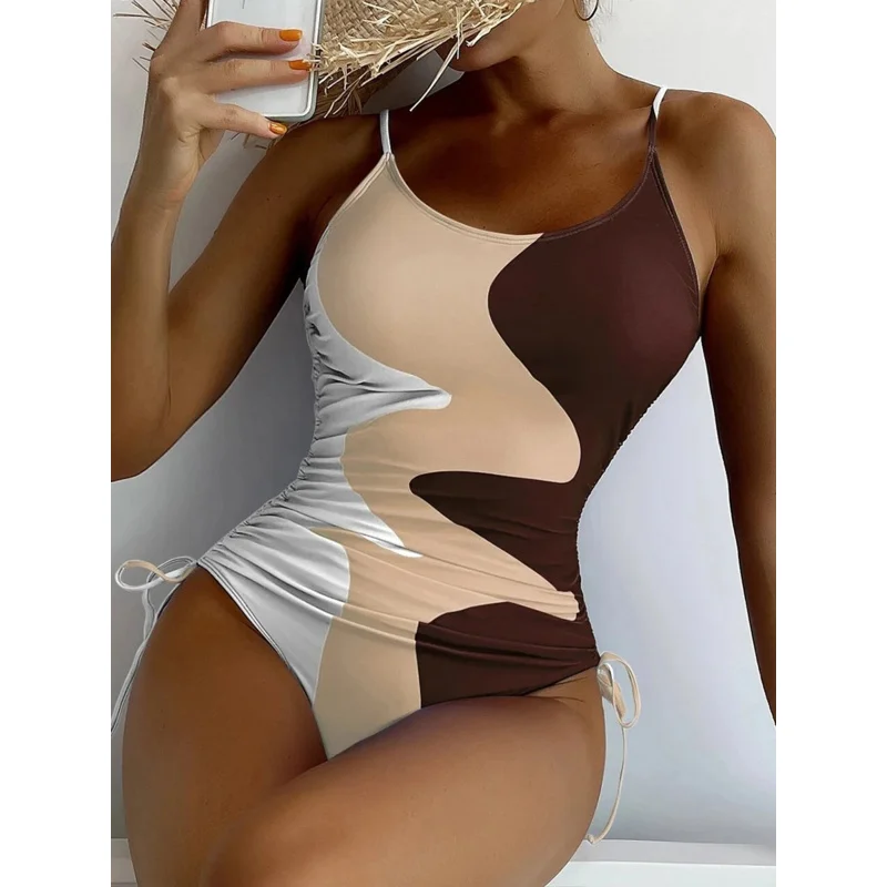 

2023 Drawstring Swimsuit One Piece Printed Swimwear Women Strape Bathers Bathing Swim Suit Female Swimming Beachwear Bodysuit