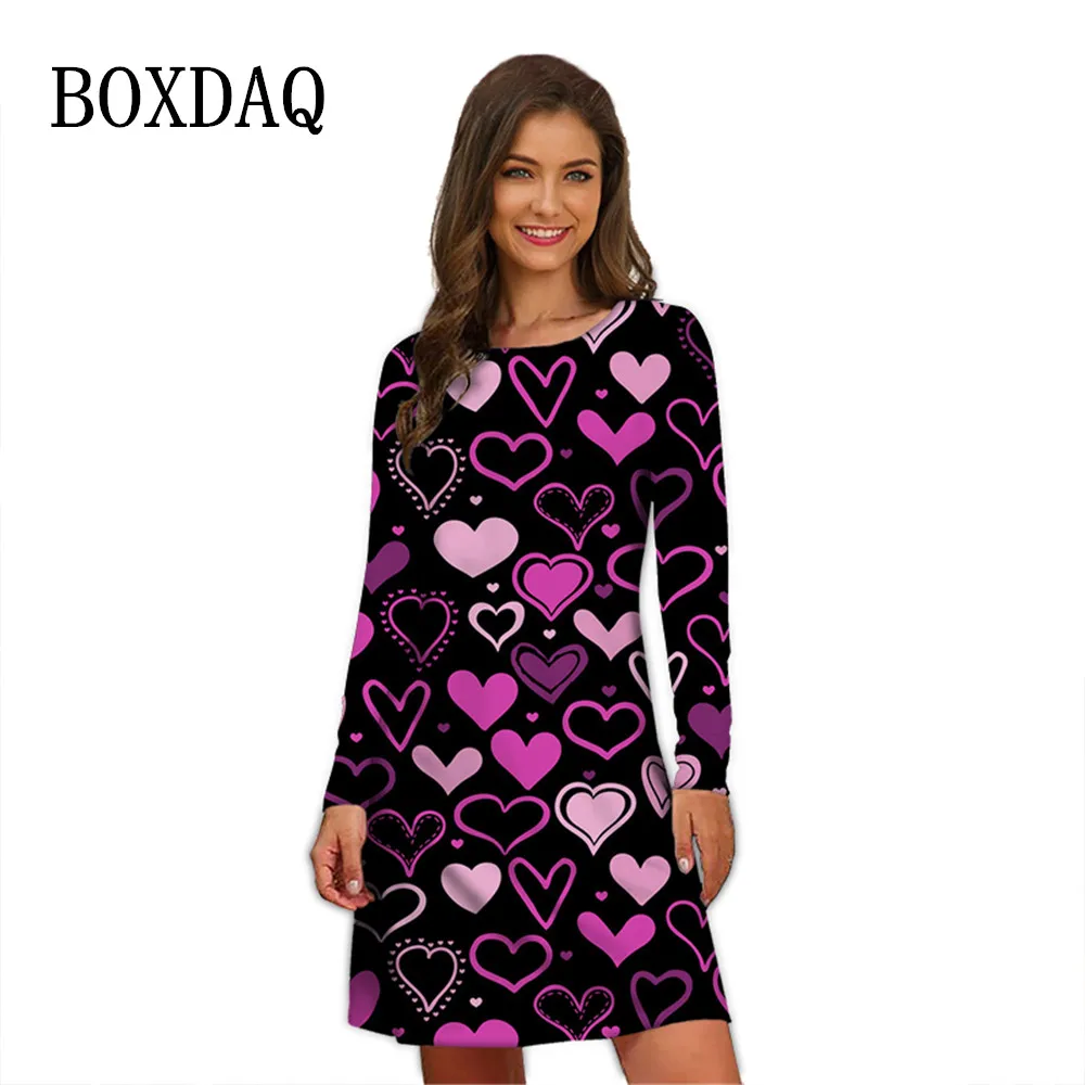 Heart A-Line Dress Holiday Print Cute Dresses Women 2022 Long Sleeve Stylish Street Style Dress Oversized Autumn Loose Clothing