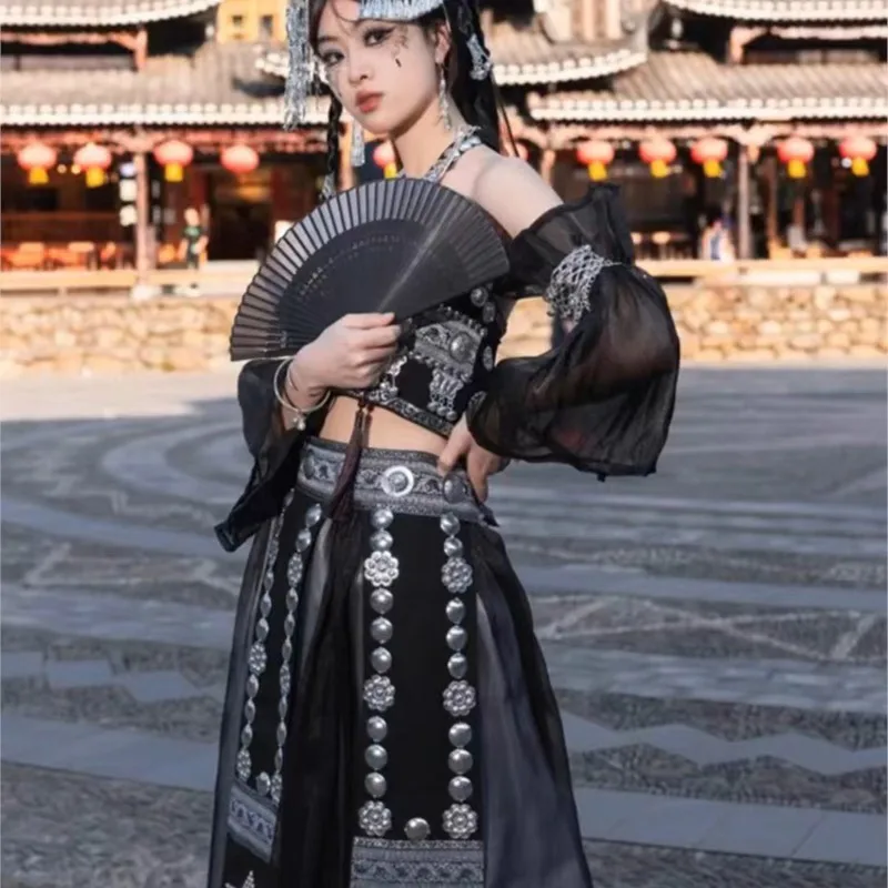 

Black tie dress strapless gauze skirt with streamers ethnic style photography national headgear collar clothing
