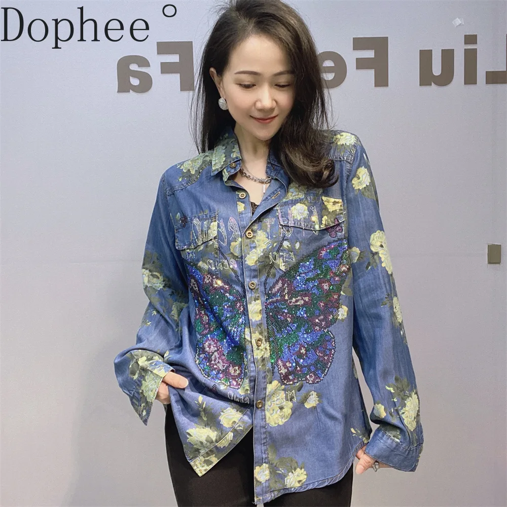 

Fashion Spring Summer Women Denim Shirts Hot Drilling Floral Printing Cardigans Top Single-breasted Casual Long Sleeve Blouses