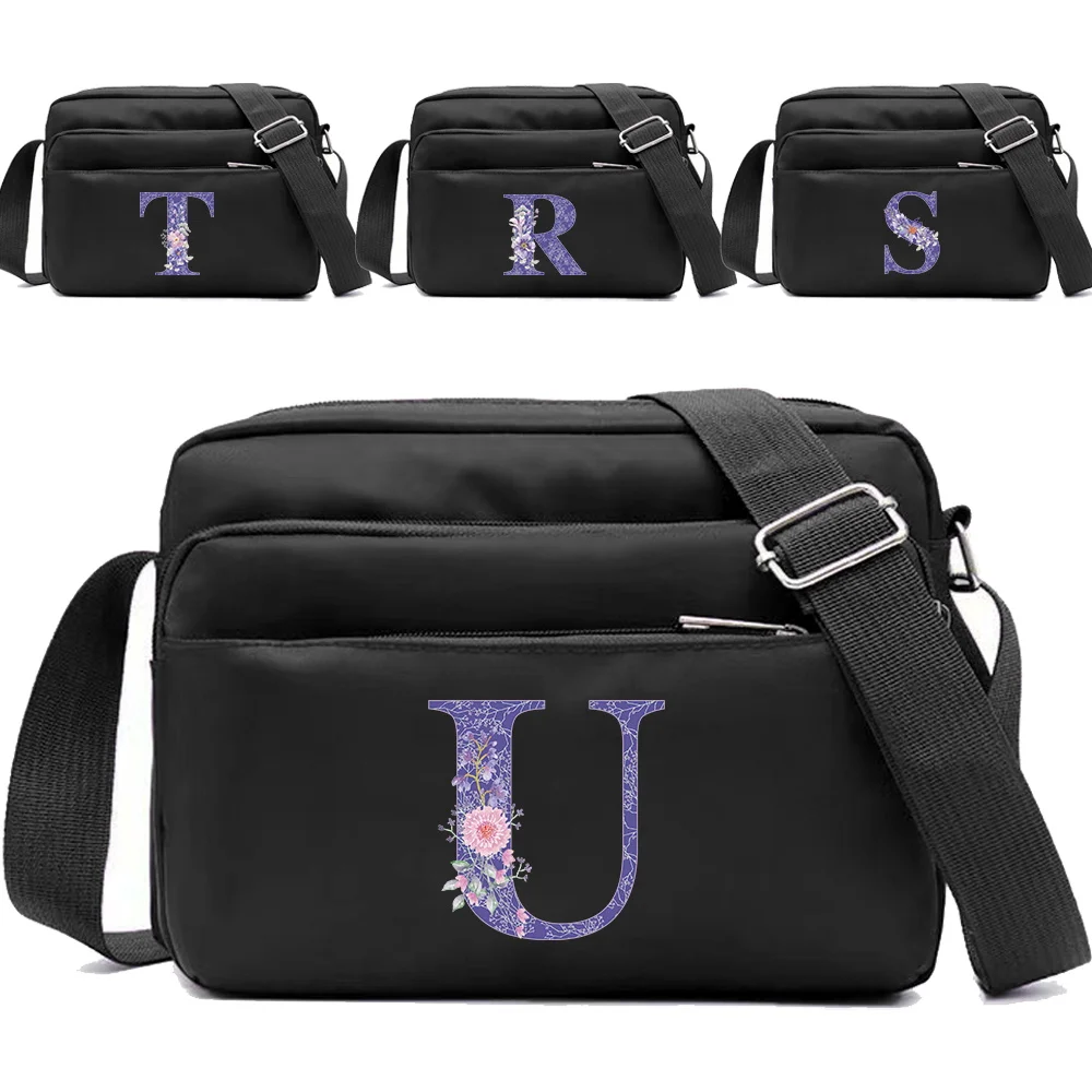 New Simple Black Storage Bag Multi-layer Travel Leisure One Shoulder Crossbody Bag Purple Flower Letter Series Printing Pattern