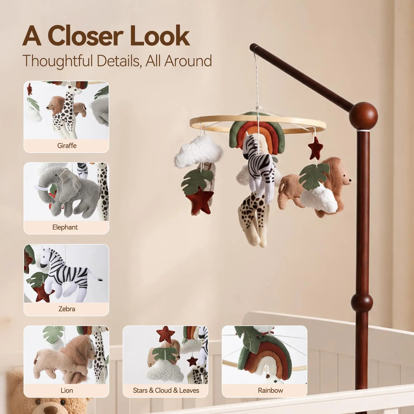 Montessori Jungle Crib Mobile - Felt Animal Nursery Mobile with Wooden Ring for Newborn 0-12 Months, Sensory Visual Development