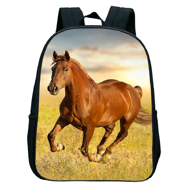 Kids Nylon Backpack with Running Horses Print Waterproof School Bag for Boys Girl Hight Quality Write Horse Kindergarten Bookbag