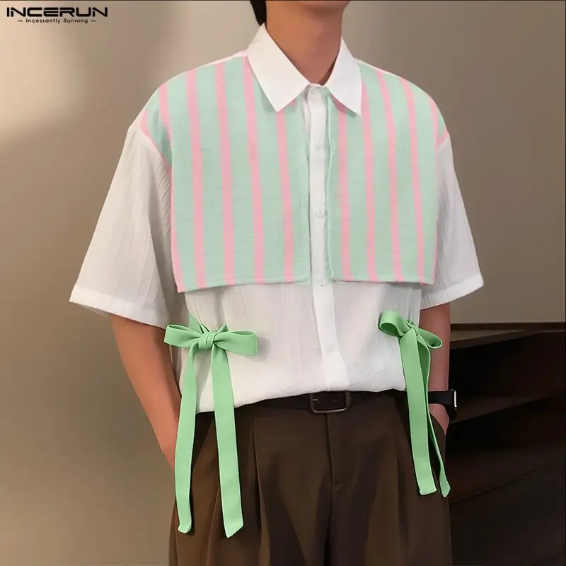 INCERUN Men Shirt Patchwork Lapel Short Sleeve Button Lace Up Men Clothing Streetwear Loose Bowknot Fashion Casual Male Shirts