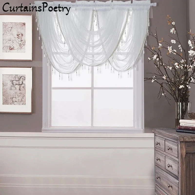 

Waterfall Valance Curtains for Bedroom White Organza Sheer Valances Swags Jacquard Beaded Valance for Living Room Bathroom Decor