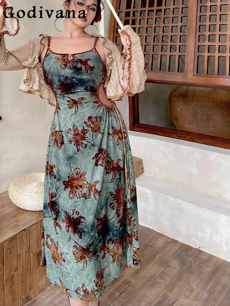

Large Size Spring New Sexy French Street Print Suspender Dress Temperament Girls High Waist A-line Sleeveless Cheongsam Dresses