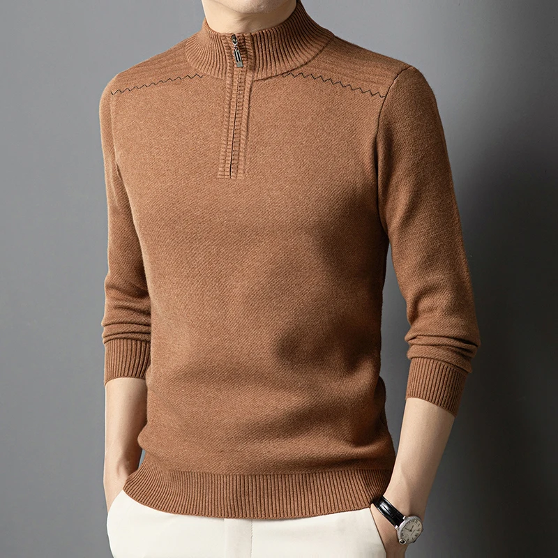 Nouveau 2025 Pure laine hommes demi-col roulé pull à glissière automne et hiver moyen-âge épaississement