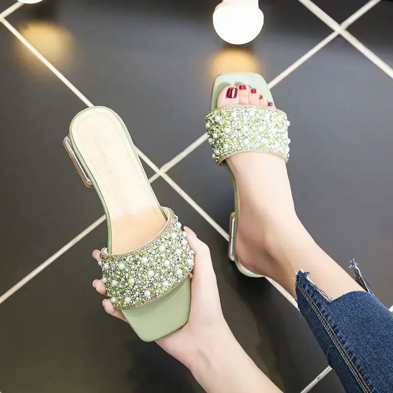 High End Women's Pearl Thick Heel Sandals