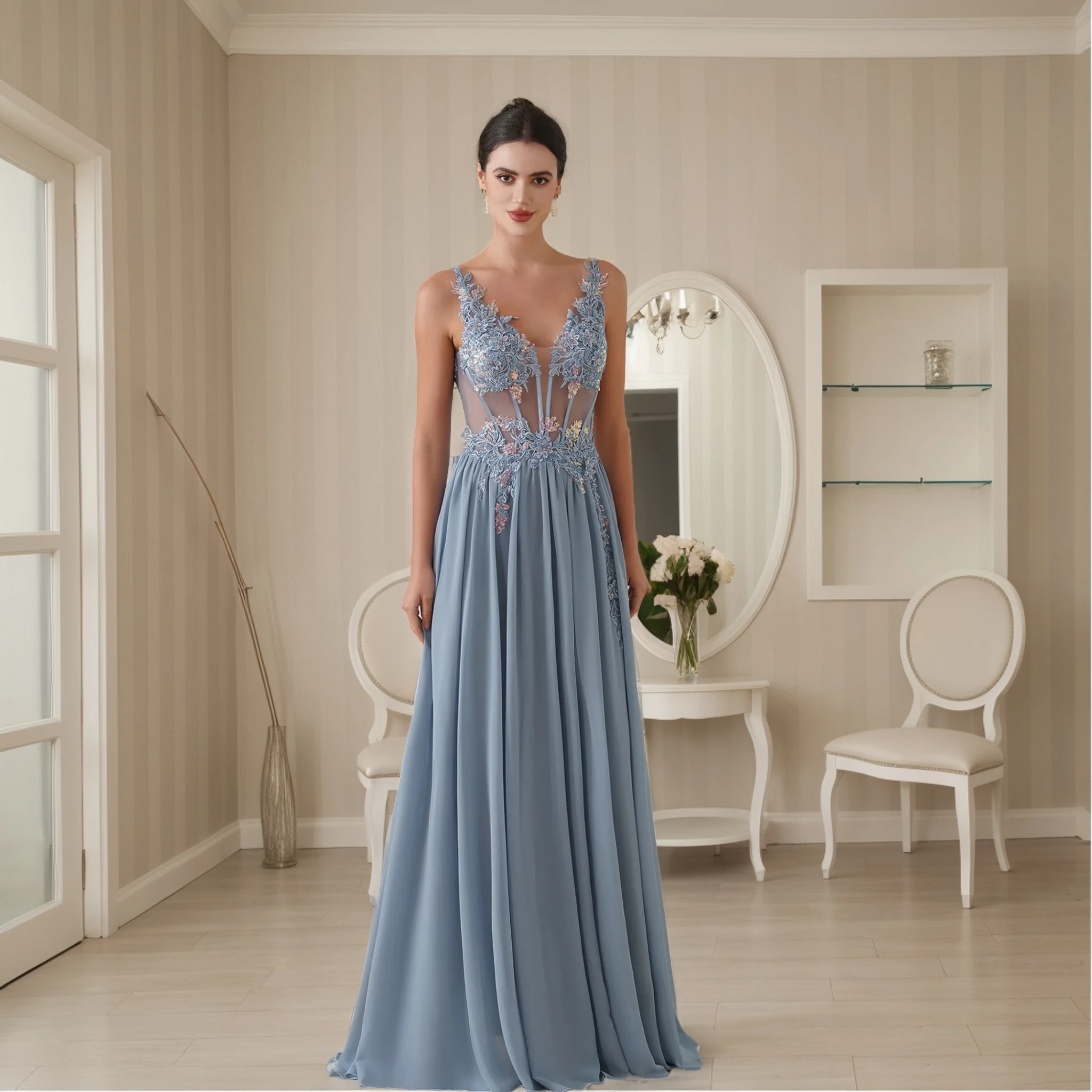 

BABYONLINE Sexy Evening Dresses Illusion Appliques V-Neck Integrated Bodice Backless Prom Gowns Chiffon A-Line Bridesmaid Dress