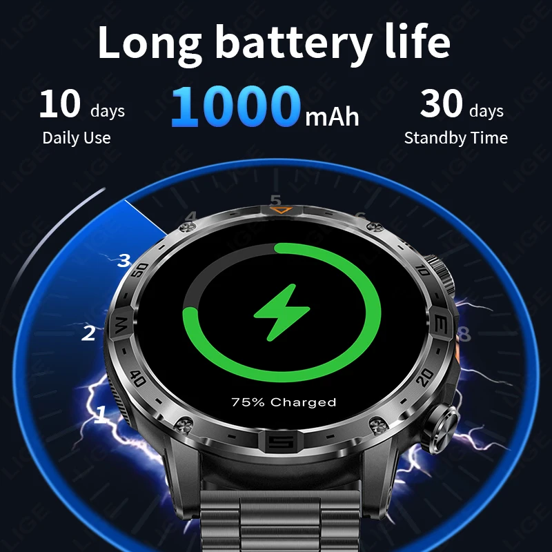 LIGE アウトドアスポーツフィットネスモニター 新型1.7インチHDスクリーン スマートウォッチ 1000mAh IP68防水 心拍数 Bluetooth通話 スマートウォッチ