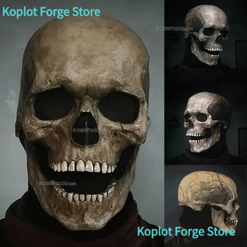 3D-Vollkopf-Schädelmaske mit beweglichem Kiefer, gruseliger Latex-Skeletthelm, Horror-Halloween-Cosplay-Kostüm-Requisite für Partys