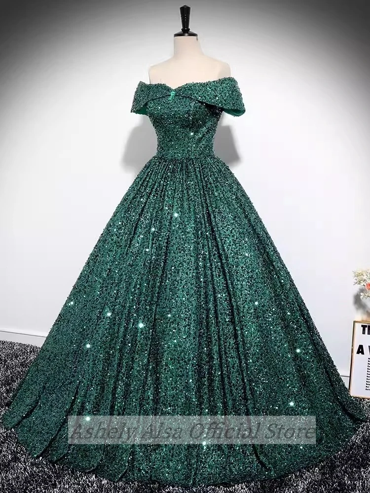 AA-EM99 Aangepaste Smaragdgroen Lovertjes Quinceanera Jurken Cap Mouw Lange Sweet 15/16 Meisje Prom Verjaardagsfeestje Gown Vestidos