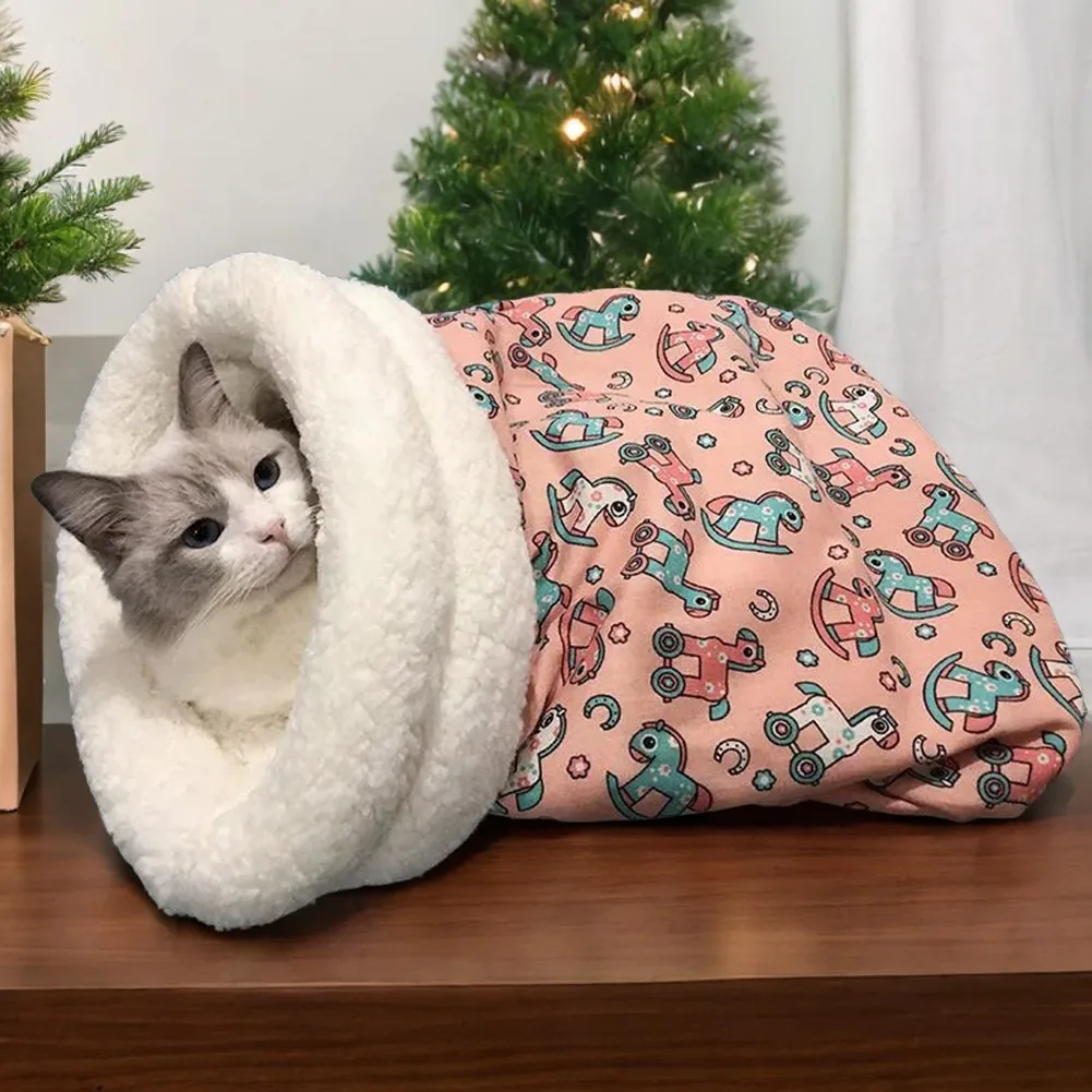 Cat Sleeping Bag for Indoor Cat Winter Cat Bed 360° Warm Semienclosed Soft Plush Large Cat Sack for Small Pet's Pet Snuggle-Sack