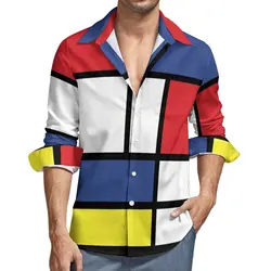 Colorblock Shirt Men Mondrian Reinterpretation Casual Shirts Autumn Stylish Custom Blouses Long Sleeve Trendy Oversized Clothing