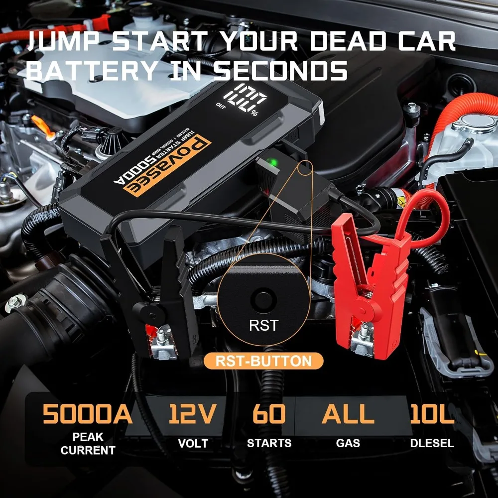 5000A Jump Starter 12V Car Battery Jumper Box for Up to All Gas or 10L Diesel Engines, Portable with 3" LCD Display Power Bank Dual Output LED Light view 2