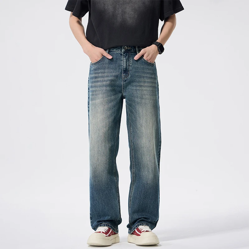 

Men's Spring Cleanfit Stretch Straight Leg Jeans Vintage Washed Loose High Quality Denim Pants Streetwear Male Trousers