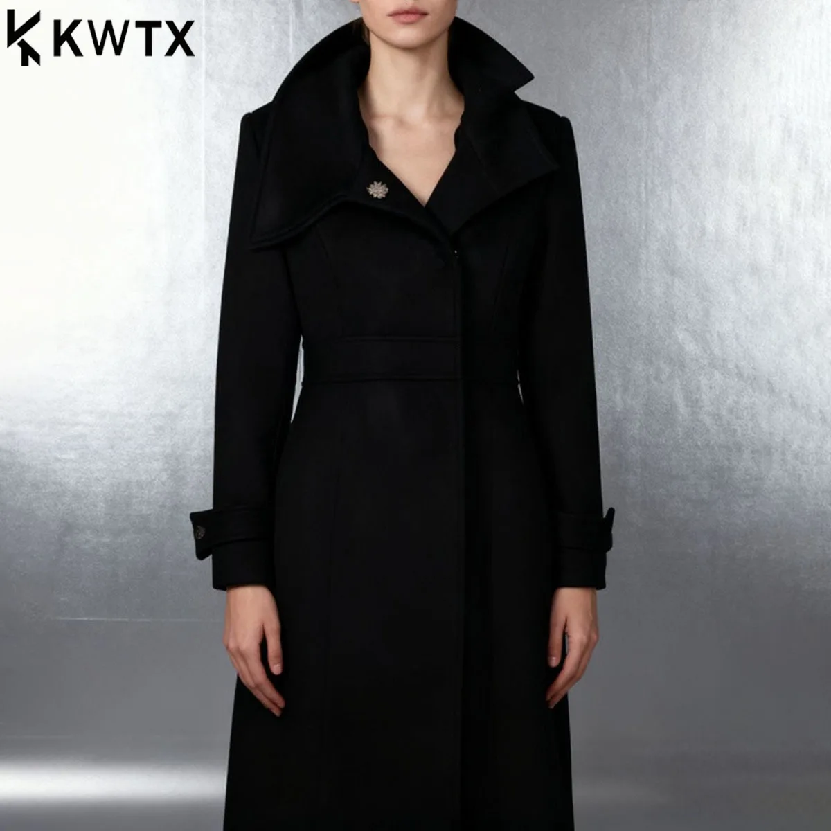 

KWTX Women's 100% Wool Coat Black Mid-Length Long Sleeve Lapel Waist-Cinching Vintage Elegant Design Casual Fall Winter