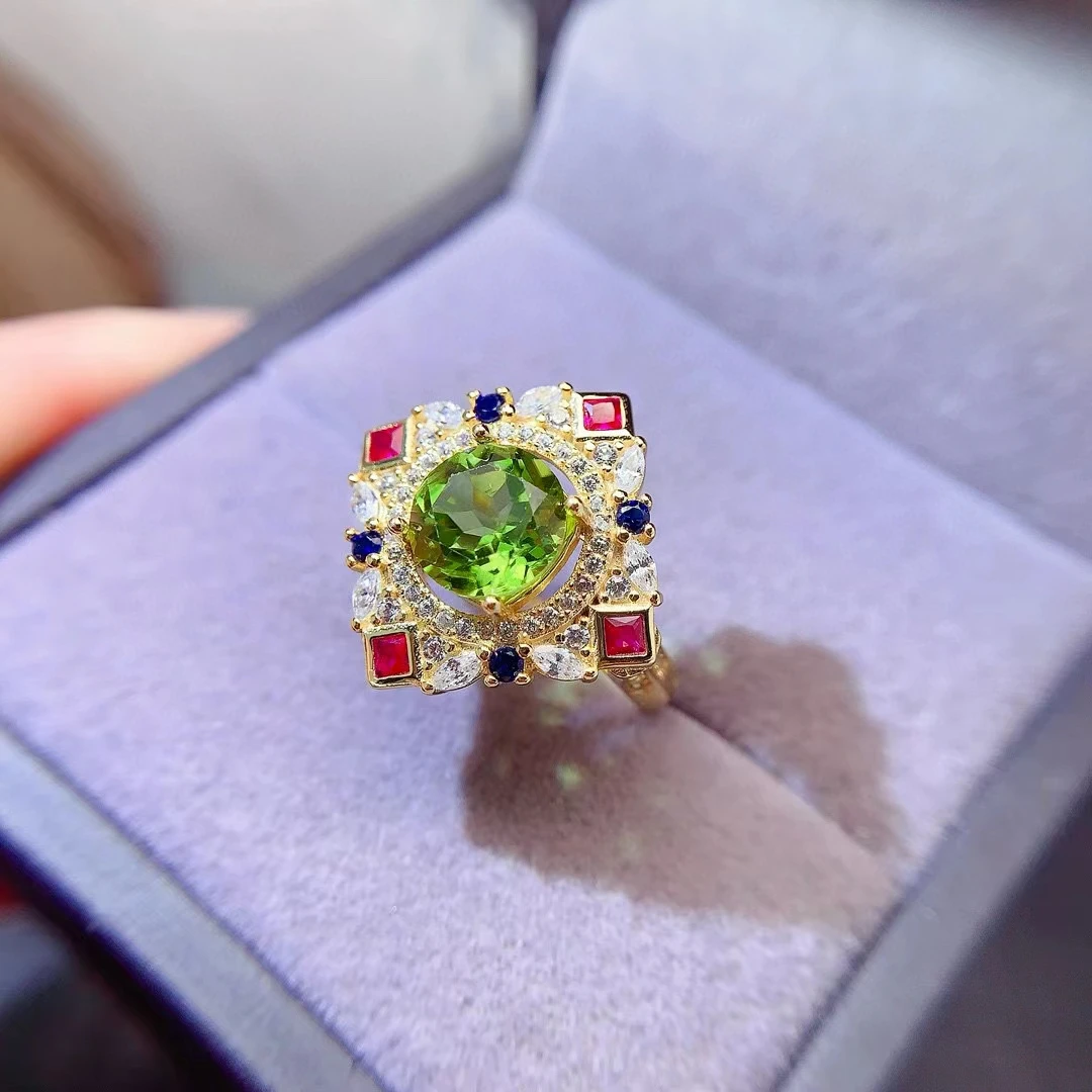 Luxury Silver Ring for Party 8mm 2ct Natural Peridot Ring 925 Silver Peridot Jewelry with Gold Plated Keep Shining