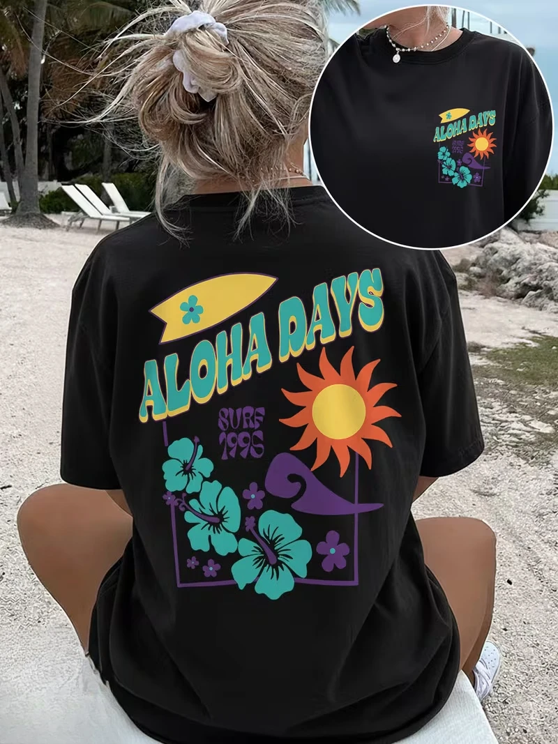 Aloha Days Print T-shirt Hibiscus And Surfboard Graphic Short Sleeve Round Neck Casual Tops Women Beach Vacation Essential Tee
