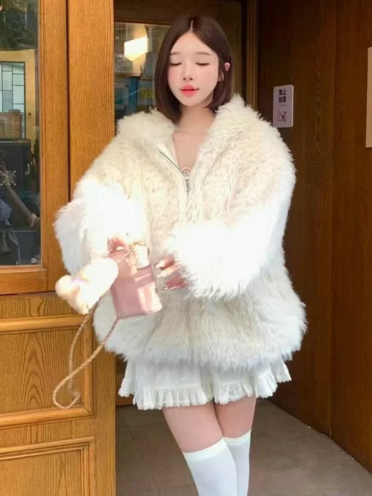 Women's Winter Thick Faux Fur Coat Cute Rabbit Ears Hooded Overcoat Fluffy Warm Loose Casual Zip Parkas Outerwear Top