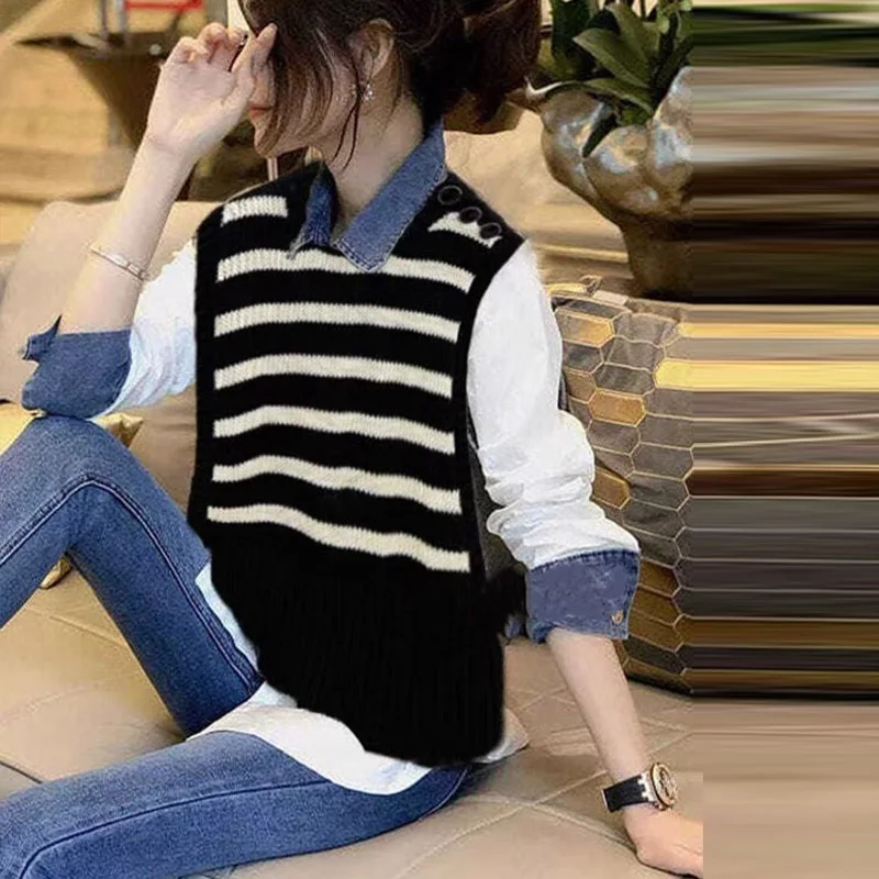 Women Striped Pullover Patchwork Sweater For Spring Autumn 2023 New Long Sleeve Denim Turn Collar Female Knit Shirts Blouse