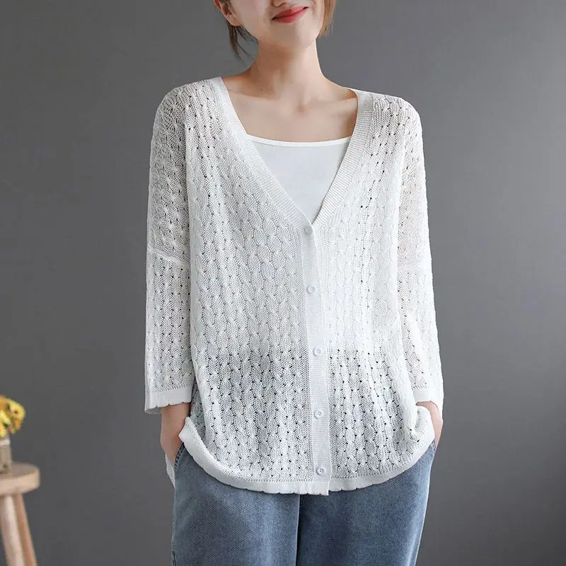 Women Summer Fashion Simplicity Solid Color Hollow Out V-neck Knitwear Women Clothes Loose Casual Thin All-match Trend Sweater