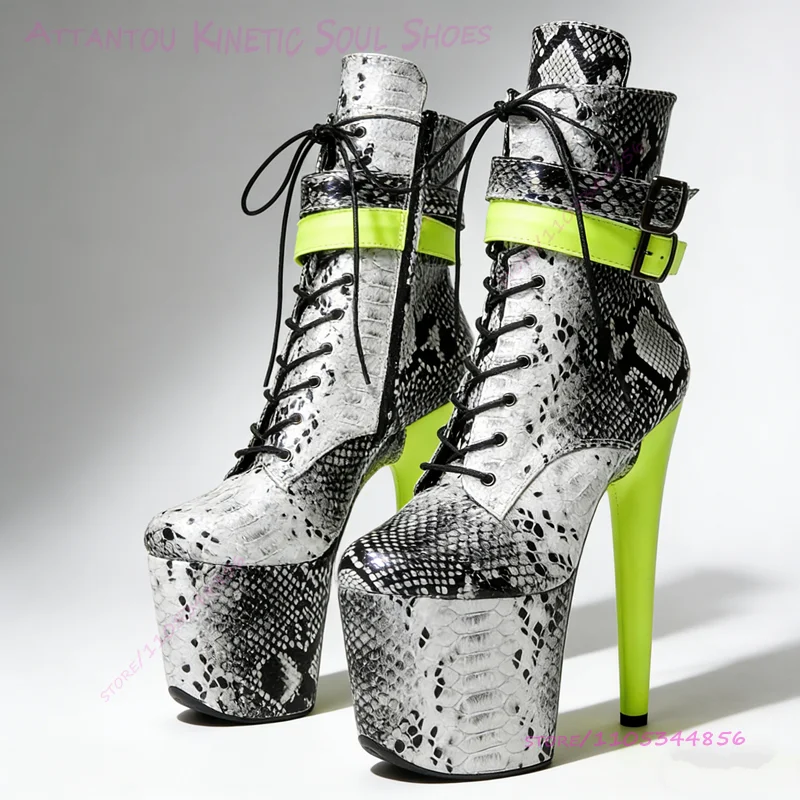 

Black Gray Patterned Calf Boots With Yellow 20cm 8 Inch Ankle Buckle Lace Up Round Toe Stiletto Heels Pole Dancing Women Shoes