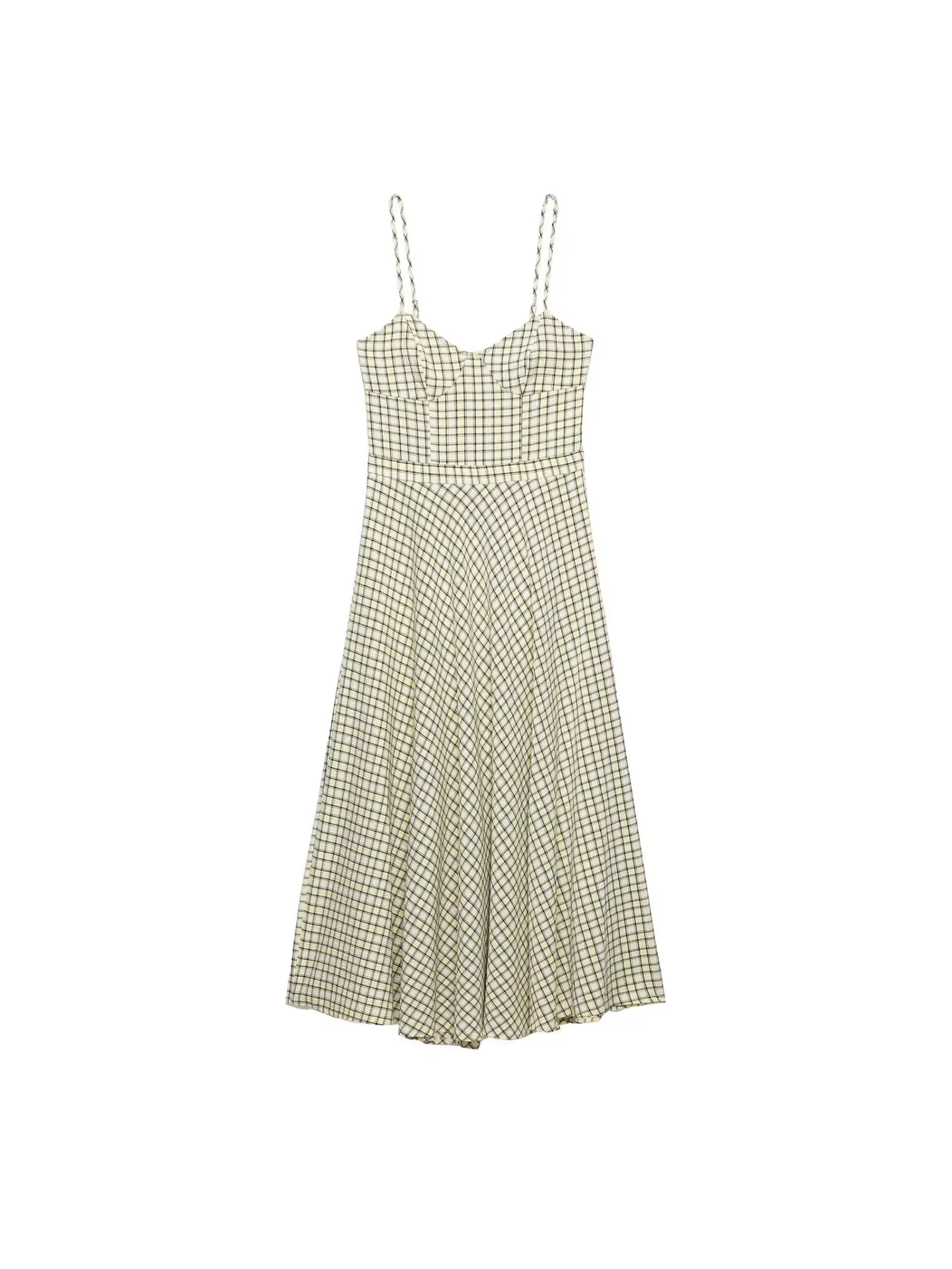 

Withered New Women's Retro Plaid Slimming V-neck Sleeveless Suspender Waist Cinching Dress
