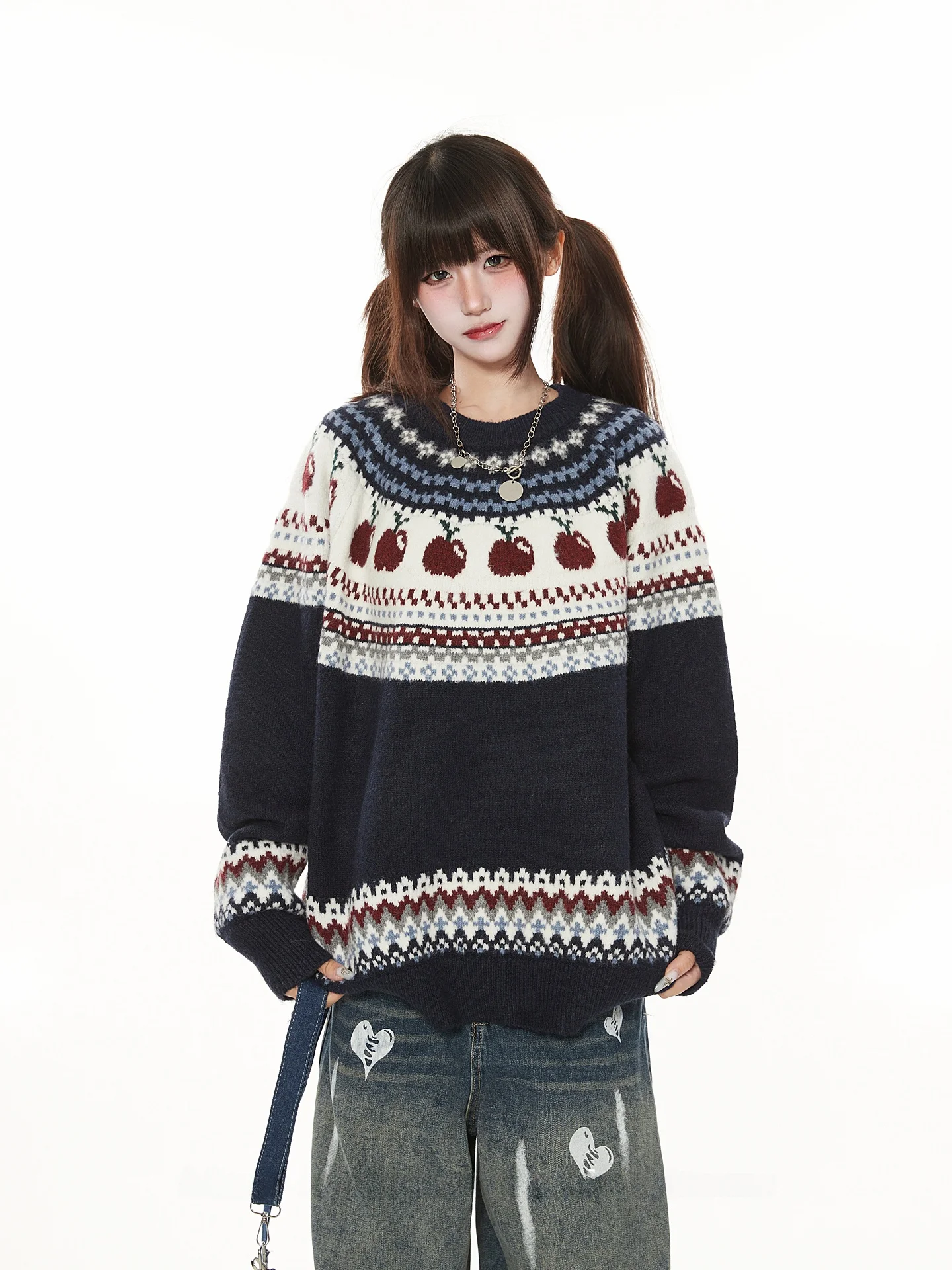 

Американский ретро-свитер с узором Fair Isle, круглый вырез, женский, осенне-зимний, теплый, свободный, повседневный, вязаный топ