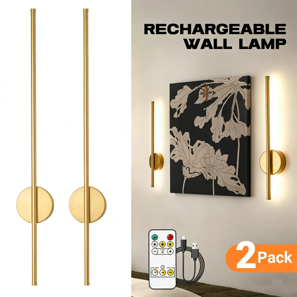 2pcs Rechargable Wall Light Gold/Black 80cm/31inch LED Wall Sconces With Remote Control For Bedroom Corridor Home Art Decor Lamp