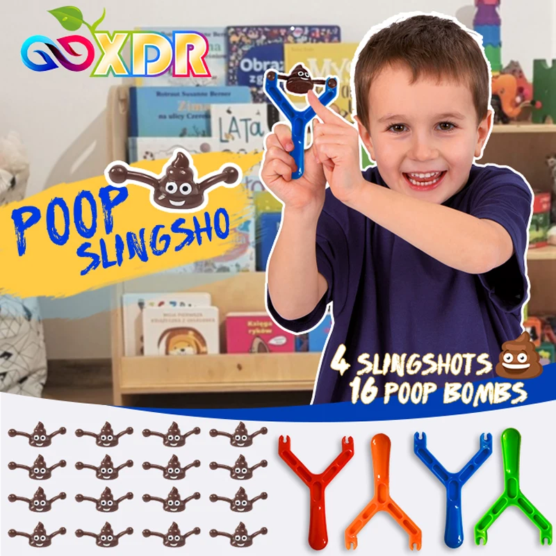 4 Slingshots 16 Poop Fun Shooting Poo Game Toys Rubber Slingshot Toy Sticky Wall Decompression Trick Toy Birthday Party Gifts