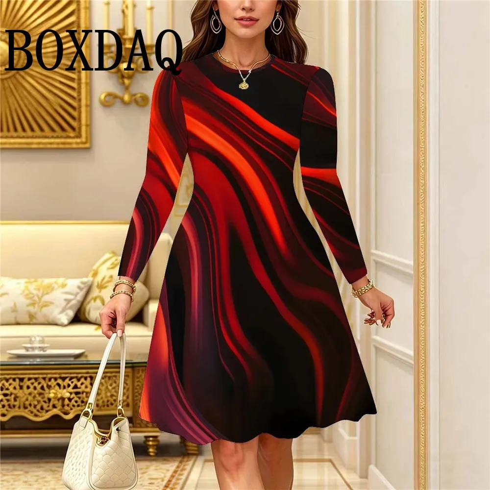 Elegant Fashion Abstract Striped 3D Print Dresses Women 2026 Plus Size Clothing Autumn Long Sleeve Dress Loose Casual Mini Dress