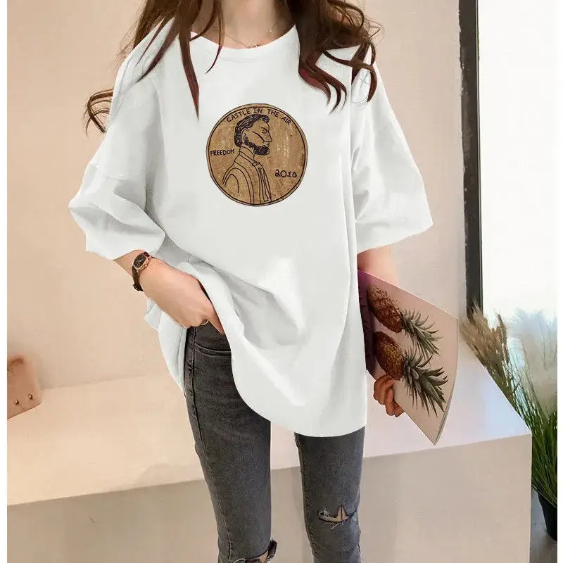 Women\'s Letter O-neck Short Sleeve T-Shirt, Loose Tops, Casual Clothes, All-Match, Simplicity, Summer Fashion Trend