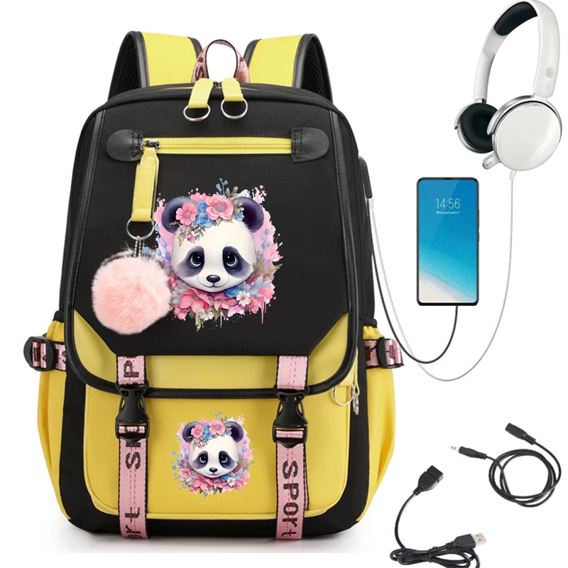 Cute Panda Shool Backpack, Bagpack feminino, Carregamento USB, Mochilas escolares da faculdade, Adolescente Meninas Laptop Bag, Moda