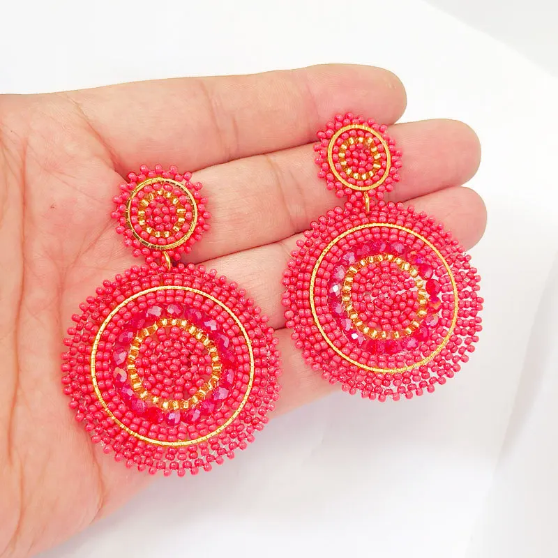 Beaded earrings Crystal Roundness Originality Design Red. Hand knitting Bohemia Alloy Tide Simple Rice bead earrings